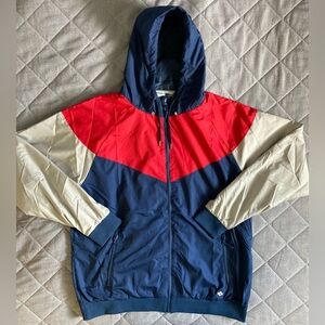 Burlebo Hooded Windbreaker Jacket Mens Large Red Blue Patriotic Full Zip Pockets